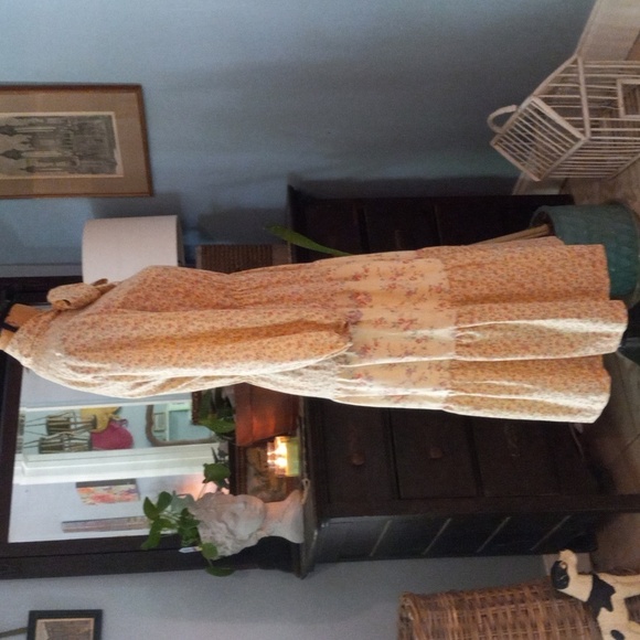 Rare Vintage 1970's Carla Gay Floral Cream Prairie Bow Front Tier Dress - Picture 9 of 16